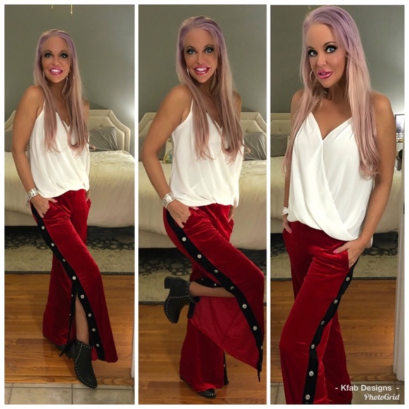 โค๏ธLAST 1! Red Side Stripe Button Pants -Pockets! - Picture 2 of 3